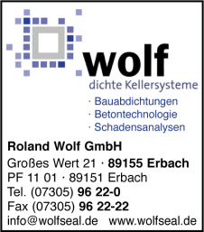 Roland Wolf GmbH, Erbach, dichte Kellersysteme, Bauabdichtungen,
Betontechnologie, Schadensanalysen Roland Wolf GmbH, Erbach, dichte Kellersysteme, Bauabdichtungen,
Betontechnologie, Schadensanalysen