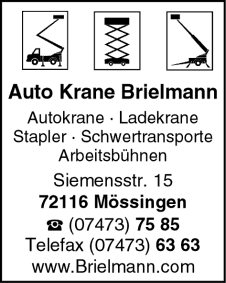 Brielmann, Mössingen, Autokrane, Ladekrane, Tieflader, Maschinentransporte, Bergungen, Arbeitsbühnen, Hebebühnen, Kranarbeiten, Scherenbühnen Brielmann, Mössingen, Autokrane, Ladekrane, Tieflader, Maschinentransporte, Bergungen, Arbeitsbühnen, Hebebühnen, Kranarbeiten, Scherenbühnen