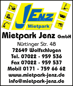 Jenz Mietpark, Wolfschlugen, Baumaschinen, Minibagger, Krane, Kranarbeiten, Kompaktlader, Hubarbeitsbühnen, Kleingeräte, Miniraupenkräne, Anhängervermietung Jenz Mietpark, Wolfschlugen, Baumaschinen, Minibagger, Krane, Kranarbeiten, Kompaktlader, Hubarbeitsbühnen, Kleingeräte, Miniraupenkräne, Anhängervermietung