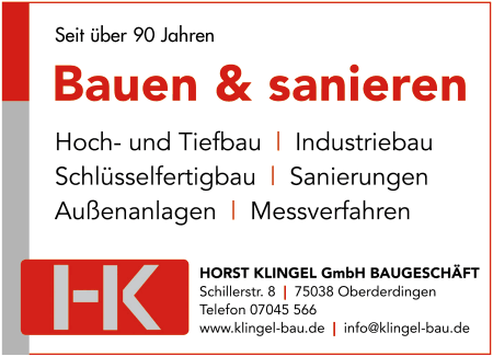 Horst Klingel GmbH, Oberderdingen, Bauunternehmen, Hoch- und Tiefbau, Industriebau, Schlsselfertigbau, Sanierungen, Auenanlagen, Messverfahren