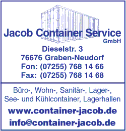 Jacob Container Service, Bürocontainer, Wohncontainer, Sanitärcontainer, Lagercontainer, Seecontainer, Kühlcontainer, Lagerhallen, Graben-Neudorf Jacob Container Service, Bürocontainer, Wohncontainer, Sanitärcontainer, Lagercontainer, Seecontainer, Kühlcontainer, Lagerhallen, Graben-Neudorf