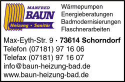 Baun, Heizung, Sanitr, Wrmepumpen, Solaranlagen, Gasheizungen, lfeuerungen, Energieberatungen, Kaminsanierung, Bder, Installationen, Service, Reparaturen, Badmodernisierung, Fliesen, Installationen, Flaschnerarbeiten, Schorndorf