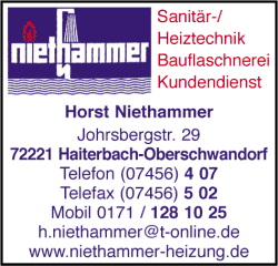 Horst Niethammer, Haiterbach-Oberschwandorf, Sanitärtechnik, Heiztechnik, Bauflaschnerei, Kundendienst, Heizungsanlagen, Flaschnerei, Solaranlagen Horst Niethammer, Haiterbach-Oberschwandorf, Sanitärtechnik, Heiztechnik, Bauflaschnerei, Kundendienst, Heizungsanlagen, Flaschnerei, Solaranlagen