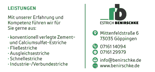 Estrich Benirschke, Jörg Schneider, Estriche, Industriefußböden, Fußbodenaufbau, konventionell verlegte Zement-Estriche und Calciumsulfat-Estriche, Fließestriche, Ausgleichsestriche, Schnellestriche, Industrieestriche, Verbundestriche, Göppingen Estrich Benirschke, Jörg Schneider, Estriche, Industriefußböden, Fußbodenaufbau, konventionell verlegte Zement-Estriche und Calciumsulfat-Estriche, Fließestriche, Ausgleichsestriche, Schnellestriche, Industrieestriche, Verbundestriche, Göppingen