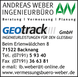 Andreas Weber, Ingenieurbro, Beratung, Vermessung, Planung, Geotrack Ingenieurleistungen fr den Gleisbau, GPS- und Ingenieurvermessung, Laserscanning, Bauwerksdokumentation, Bebauungsplne, Deformations- und Setzungsmessung, Lage- und Hhennetze, Lageplne fr den Bauantrag, geodtische berwachungssysteme, Backnang, Stuttgart, Fichtenberg