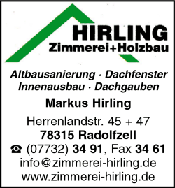 Hirling, Zimmerei, Holzbau, Altbausanierung, Dachfenster
Innenausbau, Dachgauben, Altbausanierungen, Dachdeckereien, Dachgeschoausbau, Dachsanierung, Radolfzell