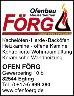 Ofen Frg GbR, Kachelfen, Herde, Backfen, Heizkamine, offene Kamine, kontrollierte Wohnraumlftung, Keramische Wandheizung, Egling