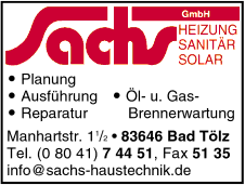 Sachs GmbH, Heizung, Sanitär, Solar, Ölbrennerwartung, Gasbrennerwartung, Reparatur, Bad Tölz Sachs GmbH, Heizung, Sanitär, Solar, Ölbrennerwartung, Gasbrennerwartung, Reparatur, Bad Tölz