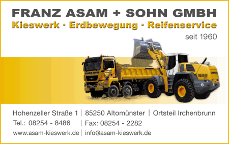 Franz Asam & Sohn GmbH, Irchenbrunn-Altomnster, Kieswerk, Betonsteinwerk, Erdarbeiten, Fuhrunternehmen, Baggerbetrieb, Laderbetrieb, Raupenbetrieb, Kies und Sand, Transporte, Erdbewegung Reifenservie kieswerk Altomnster