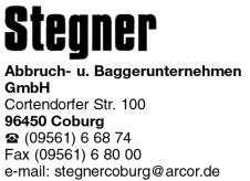 Stegner Abbruch- und Baggerunternehmen GmbH, Coburg, Abbruchunternehmen, Baggerbetrieb, Erdarbeiten, Schwertransporte, Tiefbau Stegner Abbruch- und Baggerunternehmen GmbH, Coburg, Abbruchunternehmen, Baggerbetrieb, Erdarbeiten, Schwertransporte, Tiefbau