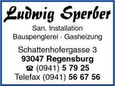 Ludwig Sperber, Regensburg, Sanitre Installationen, Bauspenglerei, Gasheizung, Spenglerei