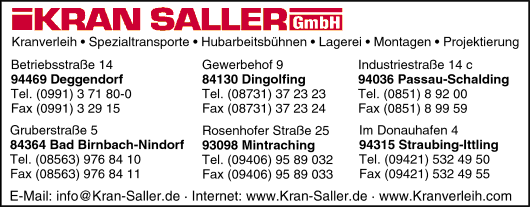 Kran Saller GmbH, Dingolfing, Kranverleih, Spezialtransporte, Hubarbeitsbhnen, Lagerei, Montagen, Projektierungen, Kranarbeiten, Hebebhnen, Hebebhnenverleih, Autokrane