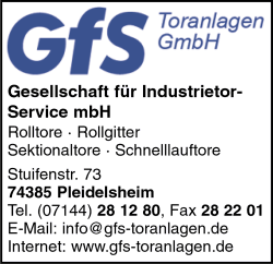 Gfs Gesellschaft fr Industrietor-Service GmbH, Pleidelsheim, Rolltore, Rollgitter, Sektionaltore, Schnelllauftore, Garagentor-Fernsteuerungen, Brandschutztren, Garagentore, Tren und Tore, Schiebetore