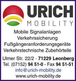 Urich Mobility, Leonberg, Mobile Signalanlagen, Kontaktschleifen Technik, Fußgängeranforderungsgeräte, Verkehrstechnische Zubehörteile, Baustellensicherung, Verkehrssicherung