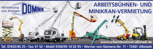 Dominik, Arbeitsbühnen, Minikran-Vermietung, Hebebühnen, Scherenbühnen, Kranverleih, Krane, Albstadt Dominik, Arbeitsbühnen, Minikran-Vermietung, Hebebühnen, Scherenbühnen, Kranverleih, Krane, Albstadt