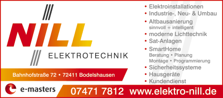 Nill Elektrotechnik, Elektro-Installationen, Industrie, Neubau, Umbau, Altbausanierung, Moderne Lichttechnik, Sat-Anlagen, SmartHome, Sicherheitssysteme, Kundendienst, Bodelshausen