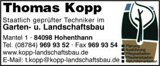 Thomas Kopp, Garten und Landschaftsbau, staatlich geprüfter Techniker im Garten- und Landschaftsbau, Hohenthann