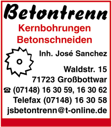 Betontrenn, Kernbohrungen, Betonschneiden, Großbottwar Betontrenn, Kernbohrungen, Betonschneiden, Großbottwar