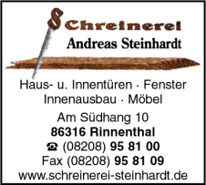 Schreinerei Steinhardt, Andreas Steinhardt, Rinnenthal, Haustüren, Innentüren, Fenster, Innenausbau, Möbel, Schreinerei