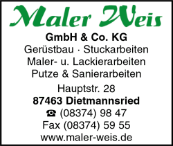 Maler Weis GmbH & Co. KG, Gerstbau, Stuckarbeiten, Malerarbeiten, Lackierarbeiten, Putze, Sanierarbeiten, Marmorierungen, Dietmansried