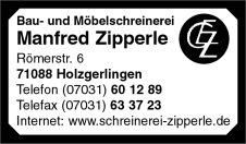 Manfred Zipperle, Holzgerlingen, Bauschreinerei, Möbelschreinerei, Schreinerei