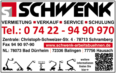Schwenk Arbeitsbühnen, Hebebühnen, Balingen, Schramberg-Sulgen, Hausach, Vermietung, Verkauf, Service, Schulung Schwenk Arbeitsbühnen, Hebebühnen, Balingen, Schramberg-Sulgen, Hausach, Vermietung, Verkauf, Service, Schulung