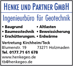 Henke und Partner GmbH, Baugrunduntersuchungen, Baumesstechnik, Erschütterungsmessungen, Altlastenerkundung, Beweissicherung, Geologie, Geotechnik, Sachverständige für Baugrund und Altlasten Henke und Partner GmbH, Baugrunduntersuchungen, Baumesstechnik, Erschütterungsmessungen, Altlastenerkundung, Beweissicherung, Geologie, Geotechnik, Sachverständige für Baugrund und Altlasten