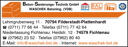 Beton-Sanierungs-Technik, Betonsanierung, Bautenschutz, Betoninstandsetzung, Bauwerksanalyse, Bauwerke erhalten, Bauwerksverstärkung, Beschichtungen, Spritzbetonarbeiten, Brandschadensanierung, Fugenabdichtungen, Injektionstechnik, Filderstadt, Plattenhardt Beton-Sanierungs-Technik, Betonsanierung, Bautenschutz, Betoninstandsetzung, Bauwerksanalyse, Bauwerke erhalten, Bauwerksverstärkung, Beschichtungen, Spritzbetonarbeiten, Brandschadensanierung, Fugenabdichtungen, Injektionstechnik, Filderstadt, Plattenhardt