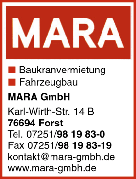 Mara GmbH. Baukranvermietung, Fahrzeugbau, Baumschinenvermietung, Fahrzeugbau, Kranverleih, Forst