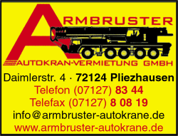 Armbruster Autokran-Vermietung GmbH, Pliezhausen, Autokrane, Mobilbaukrane, Pritschenzugmaschinen, Satteltieflader mit Ladekran, Kranarbeiten, Schwertransporte Armbruster Autokran-Vermietung GmbH, Pliezhausen, Autokrane, Mobilbaukrane, Pritschenzugmaschinen, Satteltieflader mit Ladekran, Kranarbeiten, Schwertransporte