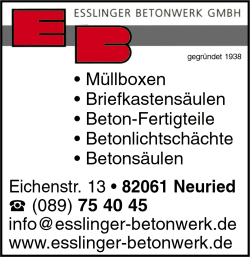 Esslinger Betonwerk, Betonfertigteile, Mllboxen, Briefkastensulen, Betonlichtschchte, Betonsulen, Neuried