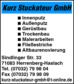 Kurz Stuckateur, Auenputz, Gerstbau, Flieestriche, Innenputz, Trockenbau, Malerarbeiten, Altbaurenovierung, Herrenberg, Haslach