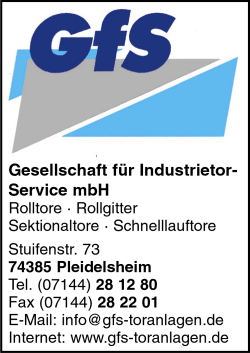 Gfs Gesellschaft für Industrietor-Service GmbH, Pleidelsheim, Rolltore, Rollgitter, Sektionaltore, Schnelllauftore, Garagentor-Fernsteuerungen, Brandschutztüren, Garagentore, Türen und Tore, Schiebetore Gfs Gesellschaft für Industrietor-Service GmbH, Pleidelsheim, Rolltore, Rollgitter, Sektionaltore, Schnelllauftore, Garagentor-Fernsteuerungen, Brandschutztüren, Garagentore, Türen und Tore, Schiebetore