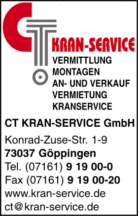 CT Kran-Service, Vermittlung, Montagen, An und Verkauf
Vermietung, Kranservice, Baukranvermietung, Baumaschinen und -gerte, Krane, Kranverleih, Gppingen