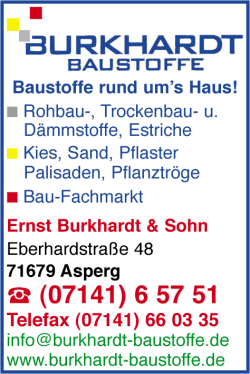 Ernst Burkhardt & Sohn, Asperg, Baustoffe, Trockenbaustoffe, Dämmstoffe, Estriche, Kies, Sand, Pflaster, Palisaden, Pflanztröge, Bau-Fachmarkt Ernst Burkhardt & Sohn, Asperg, Baustoffe, Trockenbaustoffe, Dämmstoffe, Estriche, Kies, Sand, Pflaster, Palisaden, Pflanztröge, Bau-Fachmarkt