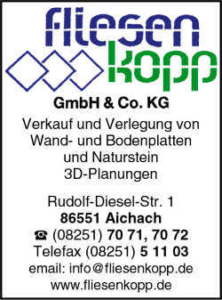 Fliesen Kopp GmbH & Co.KG, Aichach, Fliesen, Fliesenverlegung, Naturstein, Wandplatten, Bodenplatten Fliesen Kopp GmbH & Co.KG, Aichach, Fliesen, Fliesenverlegung, Naturstein, Wandplatten, Bodenplatten