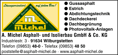 Michel Asphalt- und Isolierbau, Estriche, Dächer, Abdichtungstechnik, Abdichtungen, Asphaltierungen, Bauwerksabdichtungen, Brückenabdichtungen, Dachdeckereien, Estriche, Flachdachabdichtungen, Isolierungen, Wilburgstetten Michel Asphalt- und Isolierbau, Estriche, Dächer, Abdichtungstechnik, Abdichtungen, Asphaltierungen, Bauwerksabdichtungen, Brückenabdichtungen, Dachdeckereien, Estriche, Flachdachabdichtungen, Isolierungen, Wilburgstetten