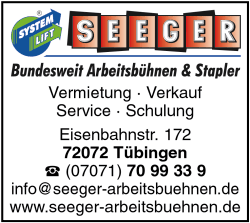 Seeger, Böblingen-Hulb, Nagold, Tübingen, Arbeitsbühnen, Gabelstapler, Vermietung, Verkauf, Hebebühnen, Service, Schulung Seeger, Böblingen-Hulb, Nagold, Tübingen, Arbeitsbühnen, Gabelstapler, Vermietung, Verkauf, Hebebühnen, Service, Schulung