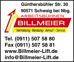 Arbeitsbhnen Billmeier, Rckersdorf, Nrnberg, Arbeitsbhnen, Gerstbau, Gerstverleih, Hebebhnen, Hebebhnenverleih