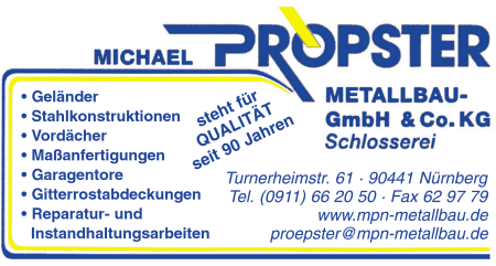 MICHAEL PRPSTER Metallbau GmbH & Co. KG, Nrnberg, Gelnder, Stahlkonstruktionen, Vordcher, Garagentore, Gitterrostabdeckungen, Schlosserei, Edelstahlverarbeitung, Metallbau, Stahlbau