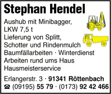 Stephan Hendel, Aushub mit Minibagger, LKW, Lieferung von Splitt, Schotter, Rindenmulch, Baumfällarbeiten, Winterdienst, Arbeiten rund ums Haus, Hausmeisterservice, Röttenbach Stephan Hendel, Aushub mit Minibagger, LKW, Lieferung von Splitt, Schotter, Rindenmulch, Baumfällarbeiten, Winterdienst, Arbeiten rund ums Haus, Hausmeisterservice, Röttenbach