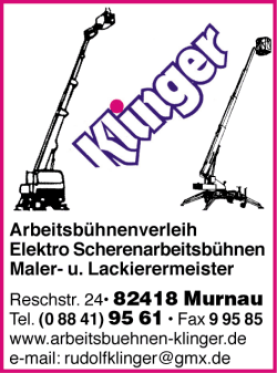 Klinger, Murnau,  Arbeitsbhnenverleih, Elektro Scherenarbeitsbhnen, Hebebhnen, Hebebhnenverleih