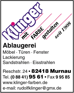 Klinger Maler- und Lackierermeister, Murnau, Malergeschfte, Sachverstndiger, KFZ-Lackierungen, Beschriftungen, Schilder, Arbeitsbhnen-Verleih, Ablaugerei, Beschriftungen, Farbengrohandel, Farbenhandel Schimmelpilzbekmpfung