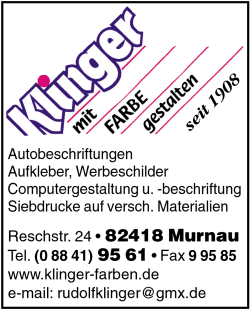 Klinger Maler- und Lackierermeister, Murnau, Malergeschfte, Sachverstndiger, KFZ-Lackierungen, Beschriftungen, Schilder, Arbeitsbhnen-Verleih, Ablaugerei, Beschriftungen, Farbengrohandel, Farbenhandel Schimmelpilzbekmpfung