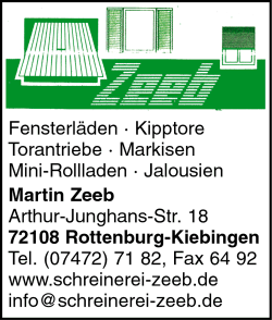 Zeeb, Fensterläden, Kipptore, Torantriebe, Markisen, Mini-Rollladen, Jalousien, Rottenburg Zeeb, Fensterläden, Kipptore, Torantriebe, Markisen, Mini-Rollladen, Jalousien, Rottenburg
