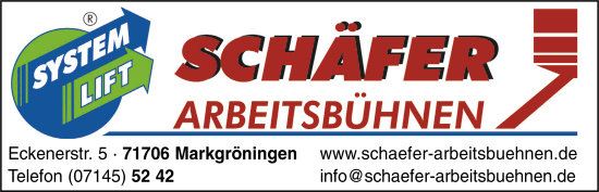 Schäfer, Arbeitsbühnen, Hebebühnenvermietung, System-Lift, Teleskop-Arbeitsbühnen, Teleskopstapler, Scherenbühnen, Markgröningen Schäfer, Arbeitsbühnen, Hebebühnenvermietung, System-Lift, Teleskop-Arbeitsbühnen, Teleskopstapler, Scherenbühnen, Markgröningen