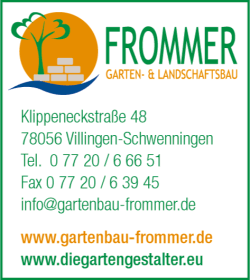 Frommer, Garten- und Landschaftsbau, Biotope & Wasserspiele, Bschungsabsttzung, Dachbegrnung, Entwsserung & Drainagen, Erdarbeiten, Gartenplanung, Pflanzungen, Platten & Pflaster, Stufen, Treppen und Eingangspodeste, Wartung & Pflege