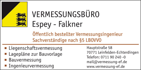 Vermessungsbüro Espey, Falkner, Vermessungsingenieur, Sachverständige, Liegenschaftsvermessung, Lagepläne, Ingenieurvermessung, Leinfelden-Echterdingen Vermessungsbüro Espey, Falkner, Vermessungsingenieur, Sachverständige, Liegenschaftsvermessung, Lagepläne, Ingenieurvermessung, Leinfelden-Echterdingen