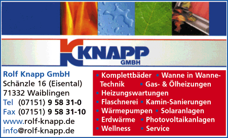 Knapp GmbH, Waiblingen, Bder, Sanitre Installationen, Heizungsanlagen, Solaranlagen, Blechbearbeitung, Badsanierung, Gasheizungen, Fotovoltaik, Badsanierung, Badrenovierung, Flaschnerei, Komplettbder, Regenwassernutzungsanlagen, Pelletheizungen