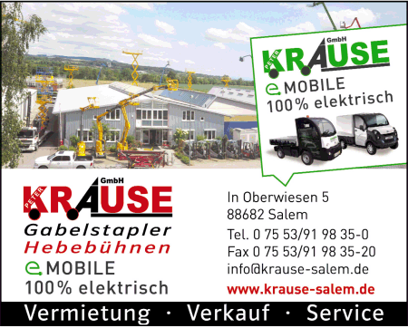 Krause GmbH, Gabelstapler, Gabelstaplervermietung, Hebebühnen, Arbeitsbühnen, Hebebühnenvermietung, Baumaschinenvermietung, Elektrofahrzeuge, Salem